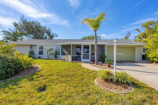 single story home featuring a garage, stucco siding, concrete driveway, and a front yard