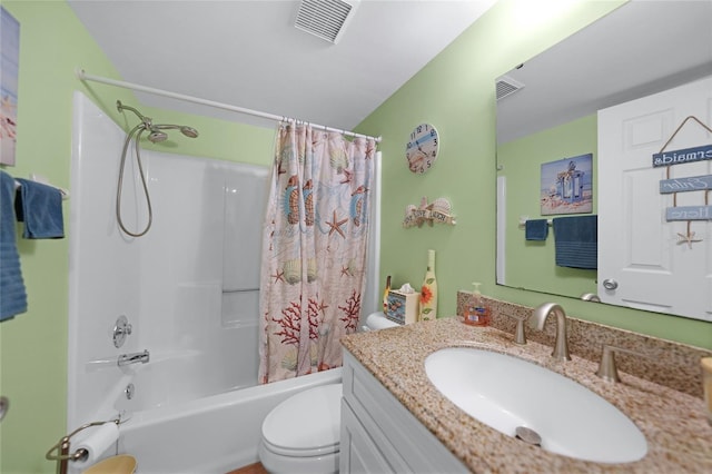 full bathroom featuring toilet, shower / bath combination with curtain, vanity, and visible vents