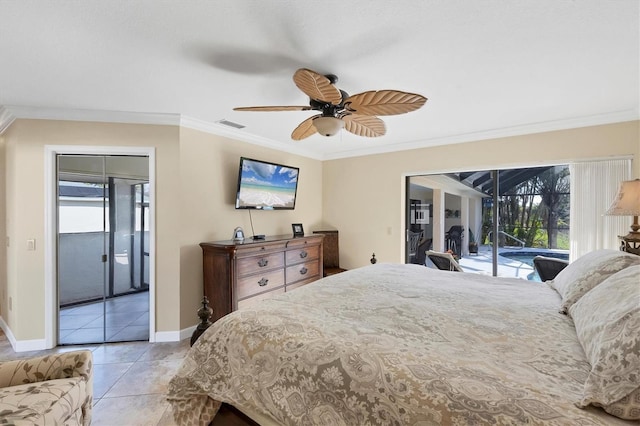 tiled bedroom featuring ornamental molding, access to outside, and ceiling fan