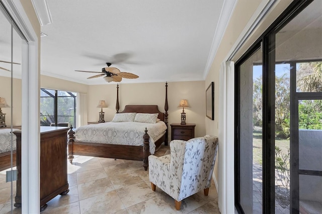 bedroom with crown molding and ceiling fan