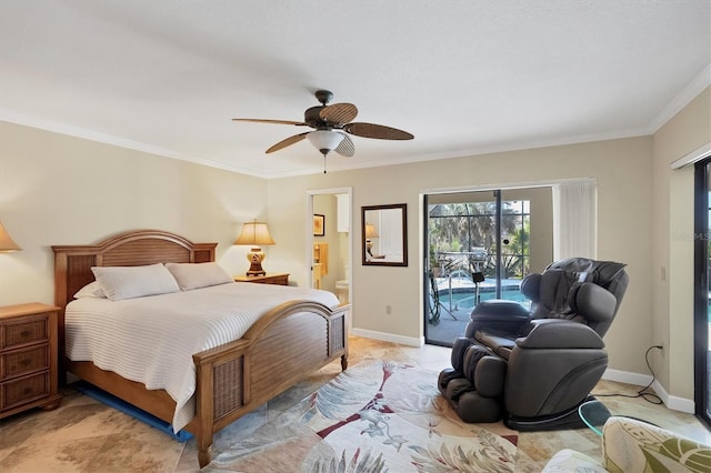 bedroom with crown molding, access to exterior, and ceiling fan