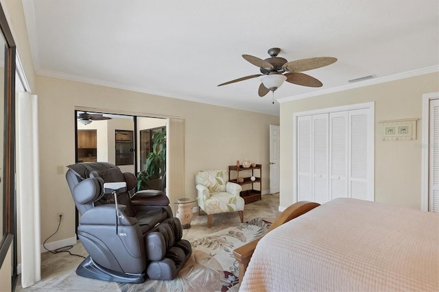 bedroom with ornamental molding and ceiling fan