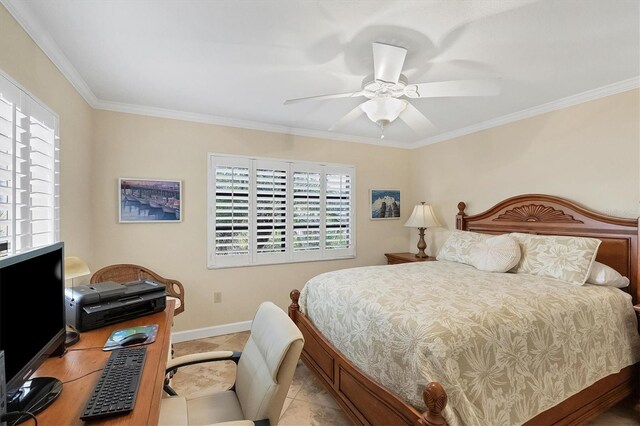 bedroom featuring ceiling fan, ornamental molding, and light tile patterned floors