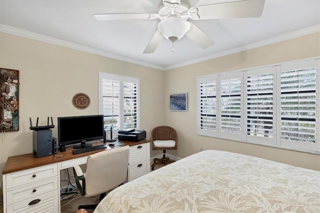 bedroom with crown molding and ceiling fan