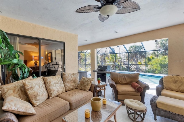 interior space featuring ceiling fan