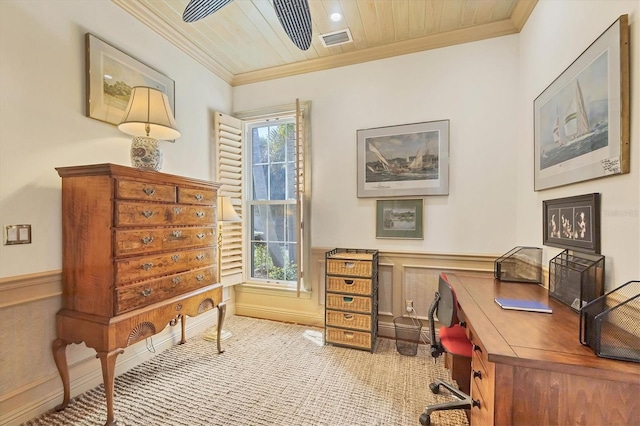 office area featuring light carpet, crown molding, and wooden ceiling