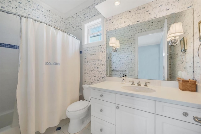 bathroom featuring vanity, tile patterned flooring, and toilet