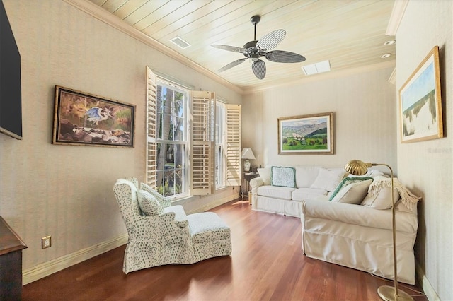 living area featuring crown molding, wood ceiling, wood-type flooring, and a wealth of natural light