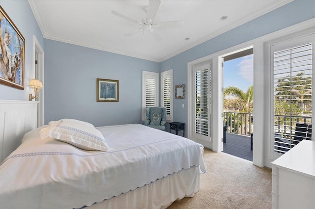 carpeted bedroom featuring crown molding, ceiling fan, and access to outside