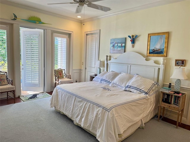 bedroom with multiple windows, access to outside, ornamental molding, and ceiling fan