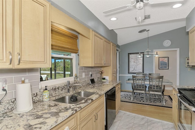 kitchen featuring lofted ceiling, sink, dishwasher, hanging light fixtures, and light brown cabinetry