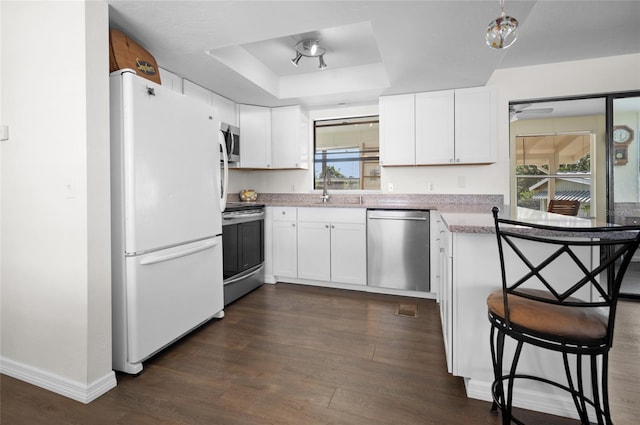 kitchen with sink, appliances with stainless steel finishes, dark hardwood / wood-style floors, a tray ceiling, and white cabinets