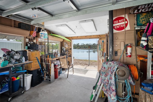 garage with a water view