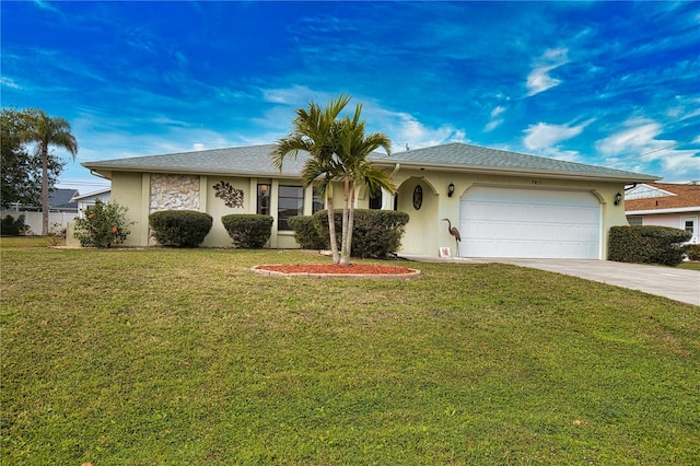 ranch-style home with a garage and a front yard