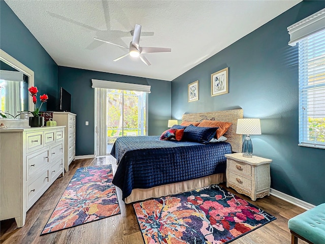 bedroom with multiple windows, hardwood / wood-style floors, access to outside, and a textured ceiling