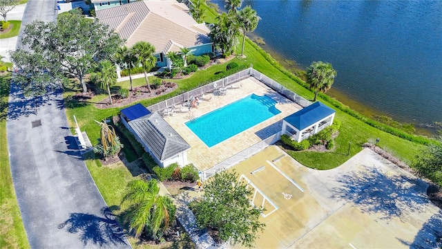 drone / aerial view with a water view