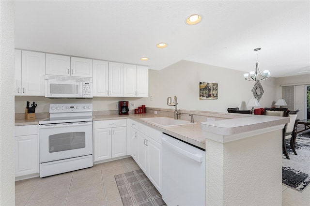 kitchen featuring white cabinetry, white appliances, kitchen peninsula, and sink