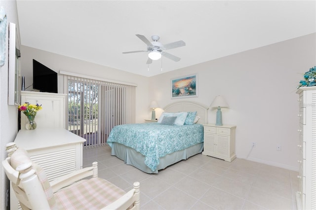 bedroom featuring light tile patterned floors, access to outside, and ceiling fan