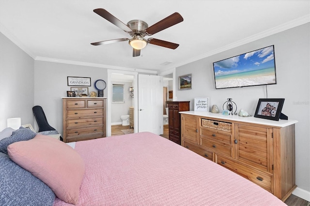 bedroom with hardwood / wood-style floors, ensuite bath, ornamental molding, and ceiling fan