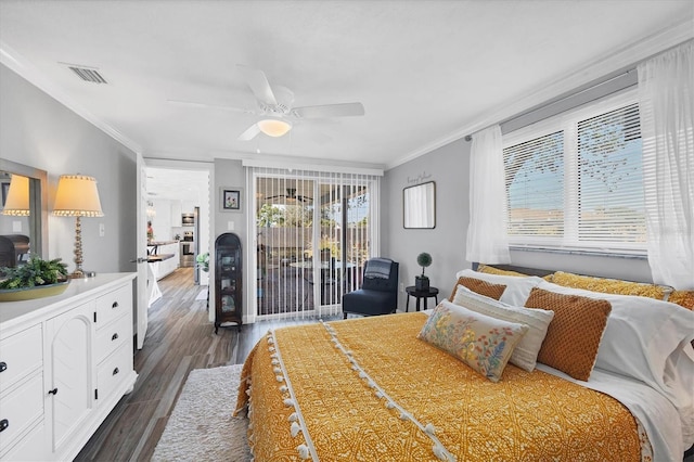 bedroom with dark hardwood / wood-style floors, ceiling fan, ornamental molding, and access to exterior