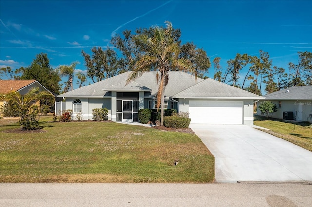 ranch-style house with central AC unit, a garage, and a front lawn