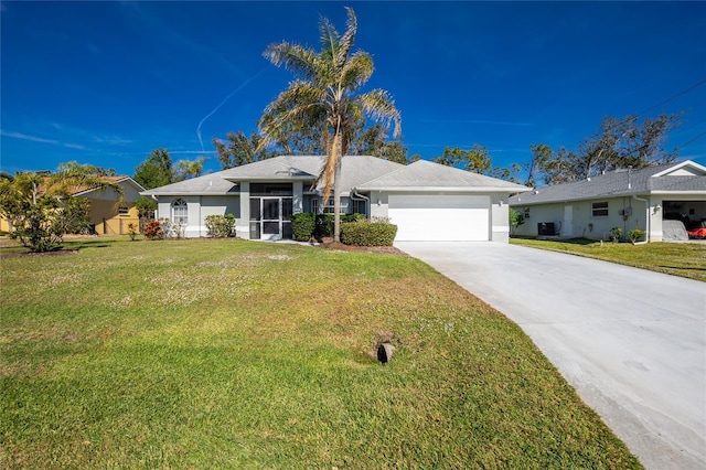 single story home featuring a garage, central AC, and a front lawn