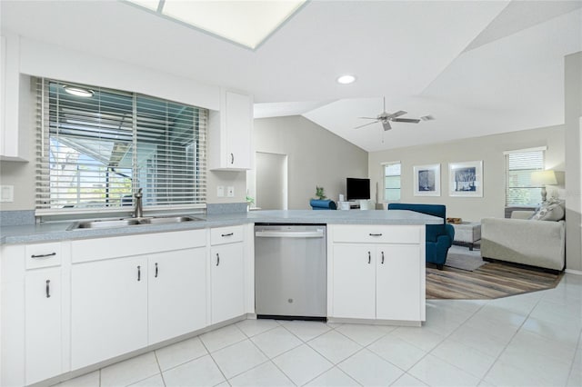 kitchen with sink, ceiling fan, white cabinets, stainless steel dishwasher, and kitchen peninsula