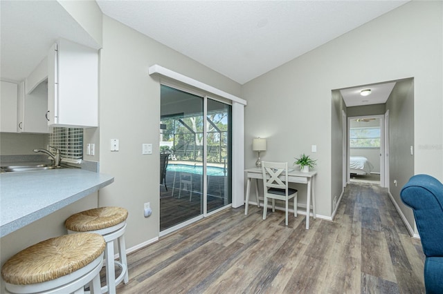 interior space featuring lofted ceiling, dark hardwood / wood-style floors, and sink