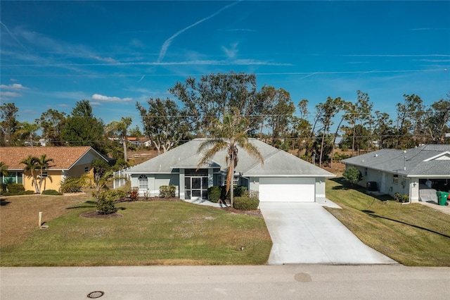 ranch-style house with a garage and a front yard