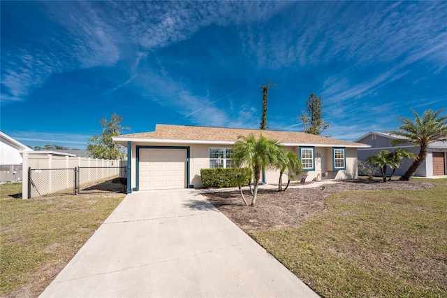 ranch-style house with a garage, fence, concrete driveway, stucco siding, and a front lawn