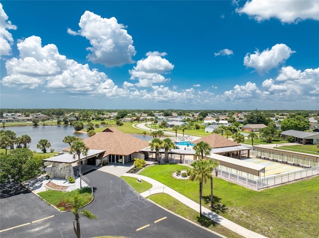 aerial view featuring a water view and a residential view