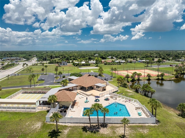 drone / aerial view with a water view