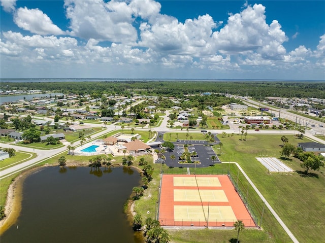 bird's eye view with a water view