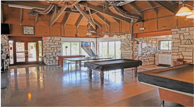 playroom with high vaulted ceiling, french doors, beamed ceiling, and billiards