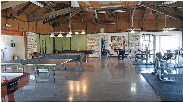 recreation room featuring a ceiling fan