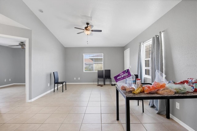 living area with light tile patterned flooring and ceiling fan