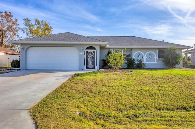 ranch-style home featuring a garage and a front lawn