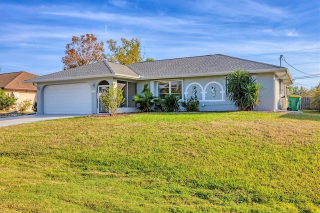 single story home featuring a garage and a front lawn