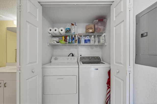 washroom with separate washer and dryer and electric panel