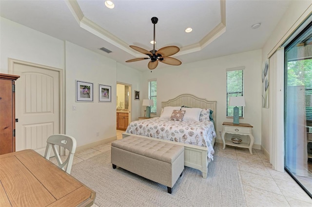 bedroom featuring access to outside, light tile patterned floors, ceiling fan, a tray ceiling, and crown molding