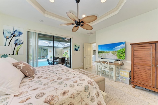 bedroom with crown molding, access to exterior, a raised ceiling, and light tile patterned flooring