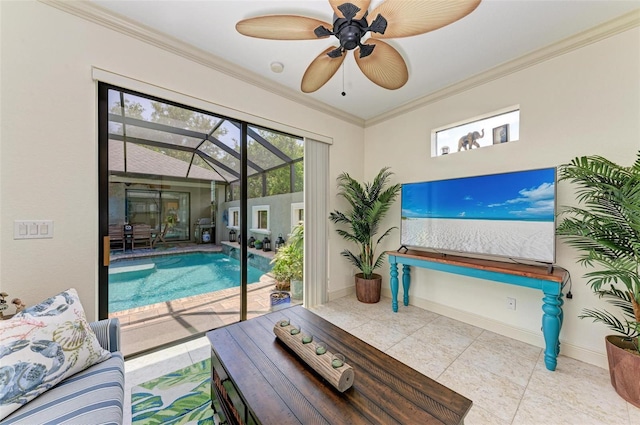 view of pool featuring a grill and ceiling fan