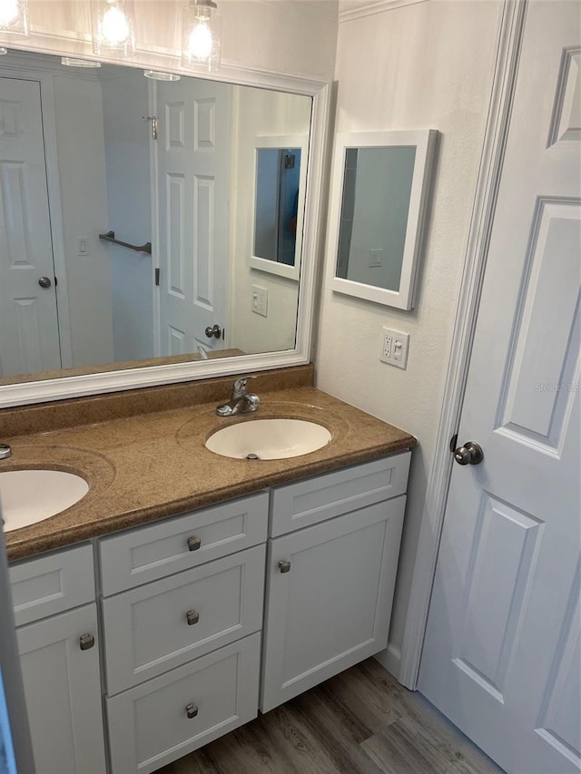 bathroom with double vanity, a sink, and wood finished floors