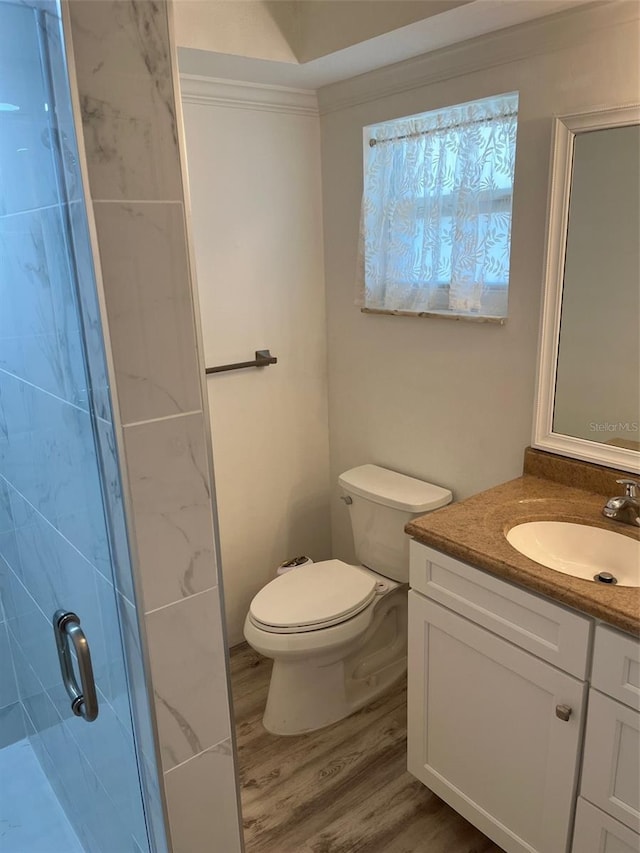 bathroom with a shower, vanity, toilet, and wood finished floors