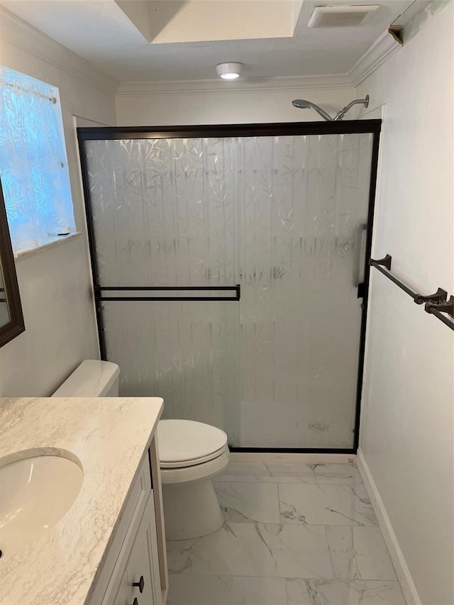 full bath with marble finish floor, vanity, a shower stall, and toilet