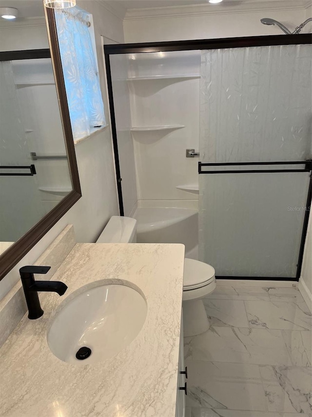 full bathroom featuring toilet, a shower with door, marble finish floor, and ornamental molding