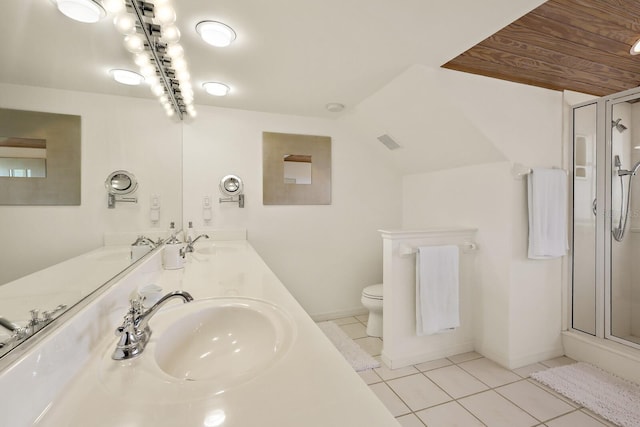 bathroom with tile patterned flooring, walk in shower, vanity, and toilet