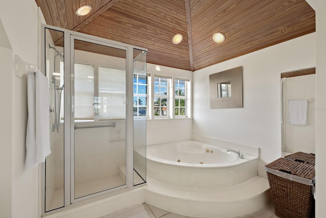 bathroom with vaulted ceiling, separate shower and tub, and wooden ceiling