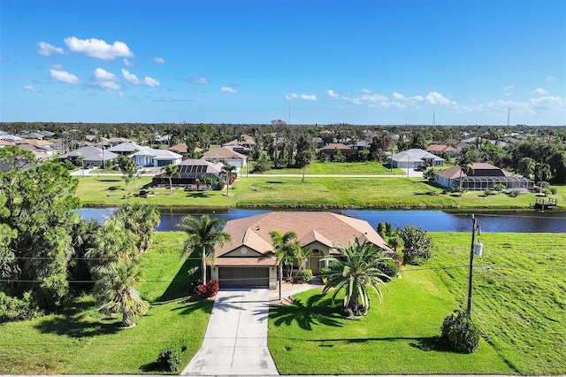 bird's eye view with a water view