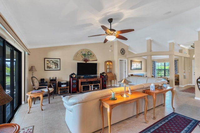 tiled living room with lofted ceiling, crown molding, and ceiling fan